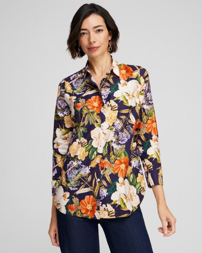 Women's No Iron Stretch Floral Print Shirt - Dewberry - Click Image to Close