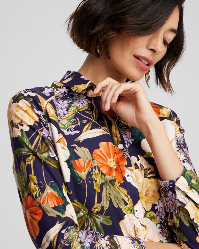 Women's No Iron Stretch Floral Print Shirt - Dewberry