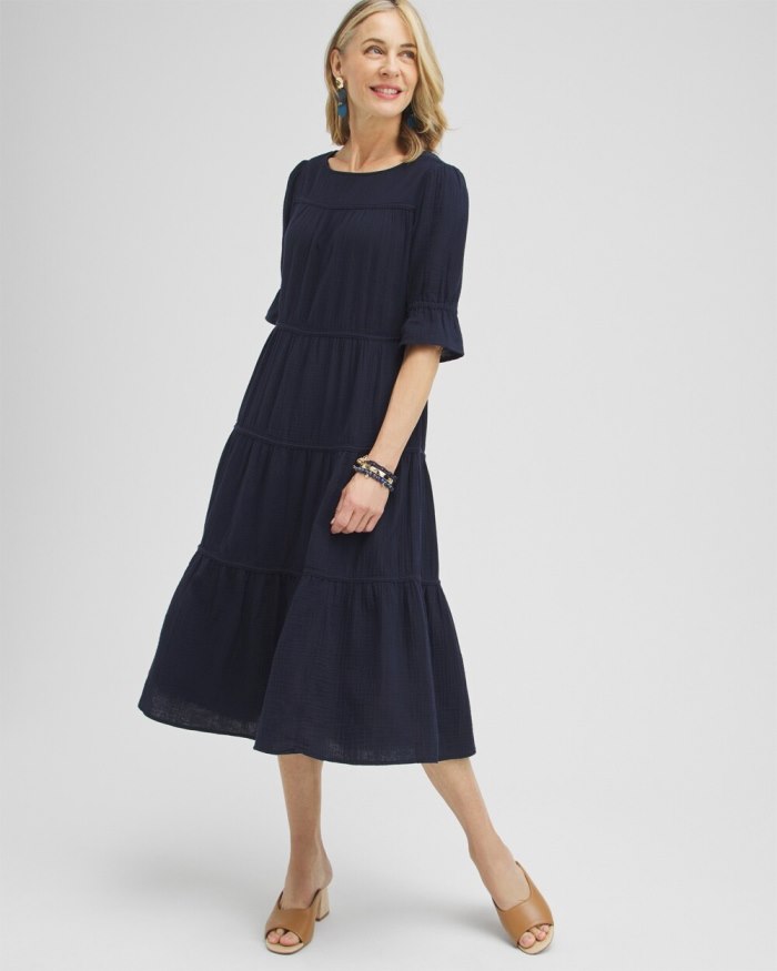 Women's Gauze Tiered Midi Dress - Classic Navy