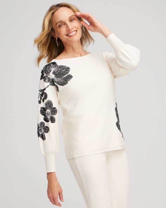 Women's Sequin Floral Pullover Sweater - English Cream - Click Image to Close