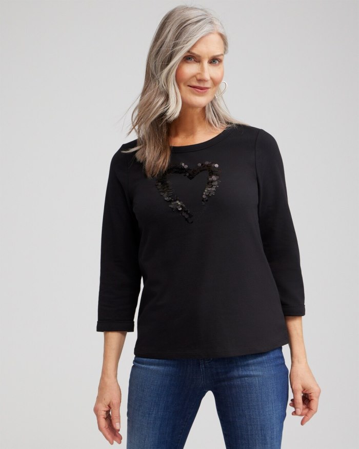 Women's Sequins Heart Valentine's Tee - Black - Click Image to Close