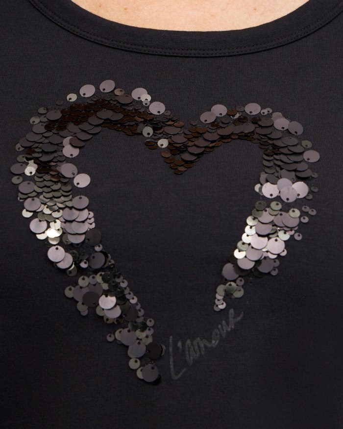 Women's Sequins Heart Valentine's Tee - Black