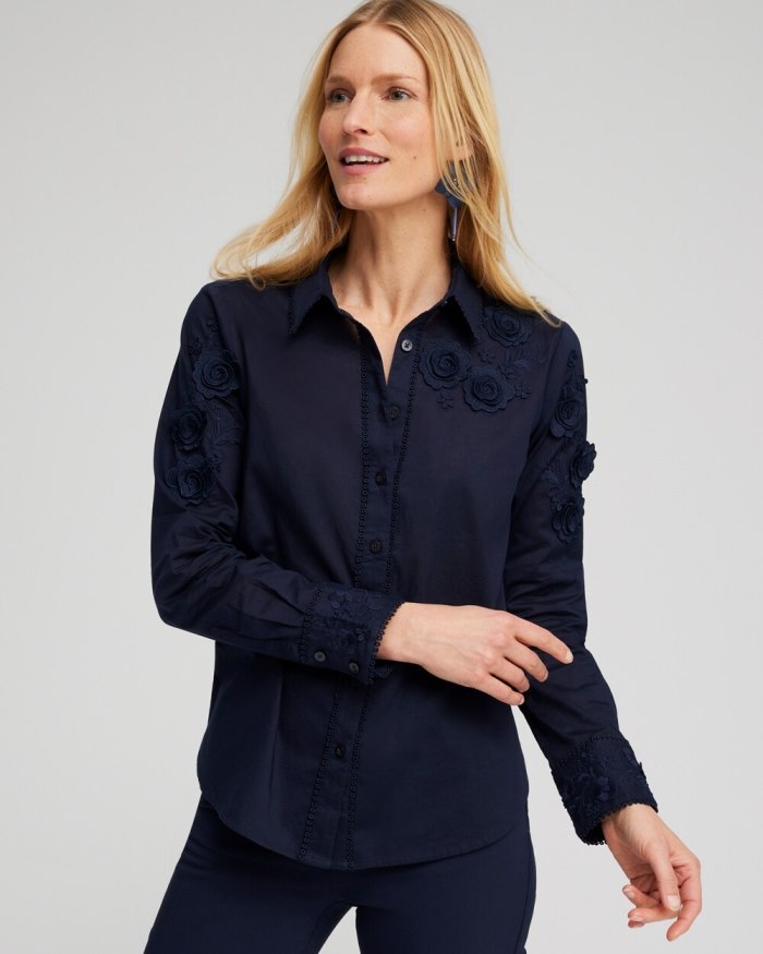 Women's Floral Applique Blouse - Classic Navy