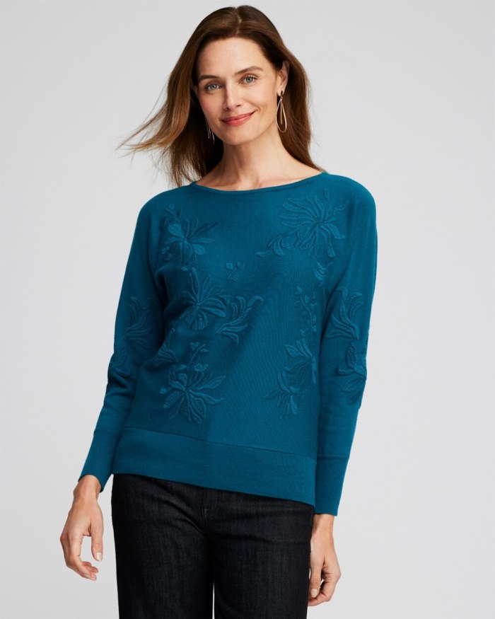 Women's Blue Textured Floral Pullover Sweater - Moonlit Teal