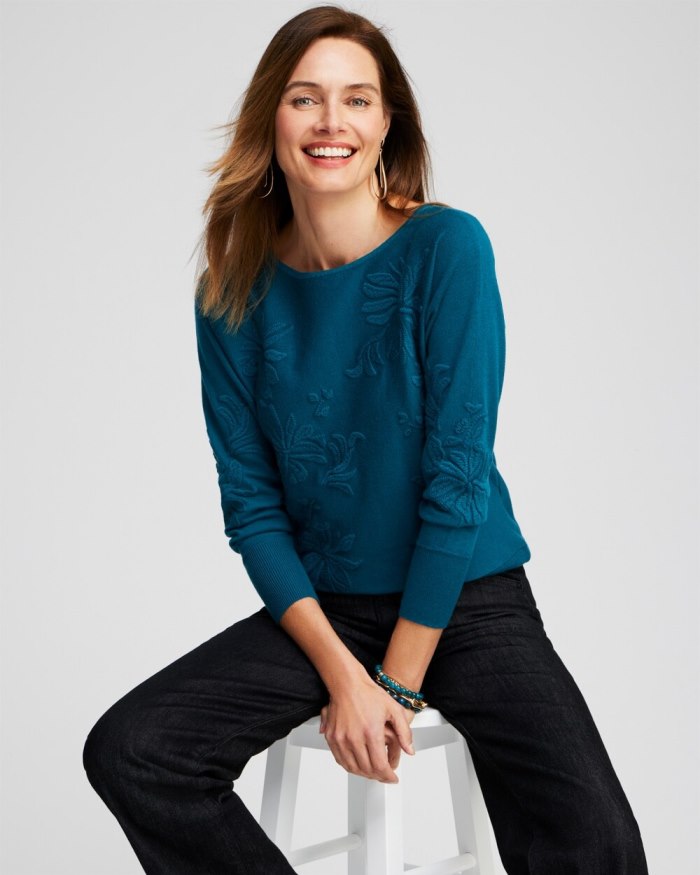 Women's Blue Textured Floral Pullover Sweater - Moonlit Teal