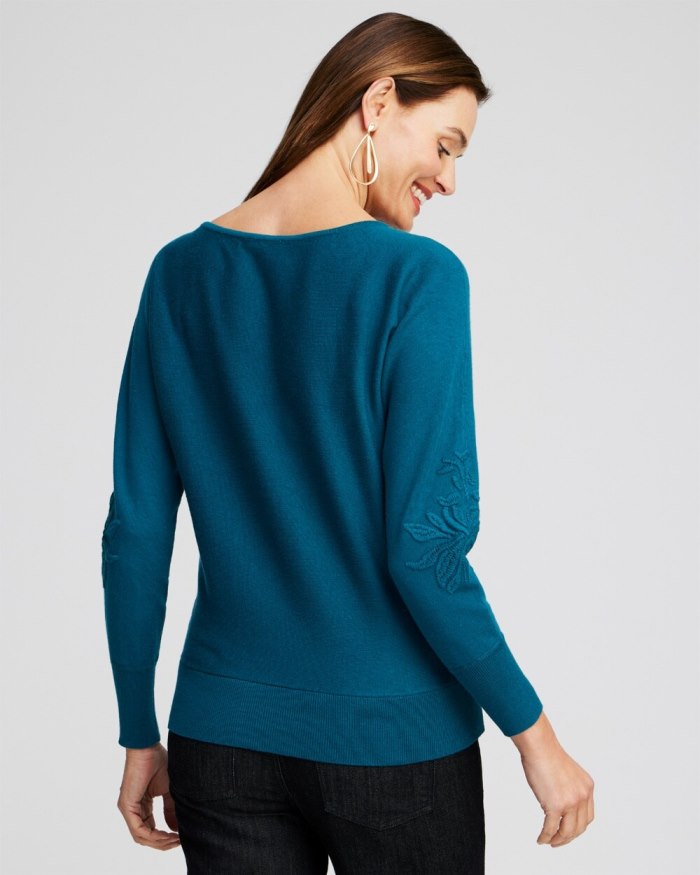 Women's Blue Textured Floral Pullover Sweater - Moonlit Teal