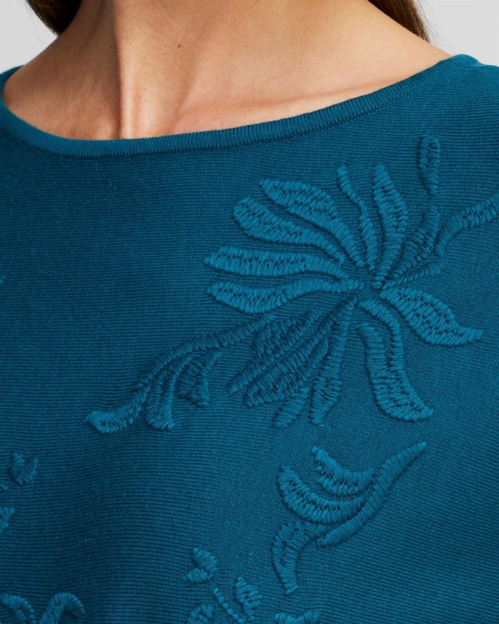 Women's Blue Textured Floral Pullover Sweater - Moonlit Teal